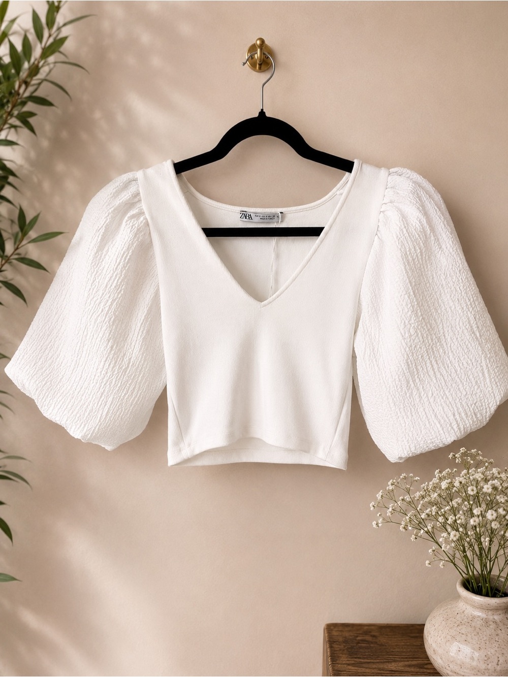 Zara White Textured Puff Sleeve Crop Top S